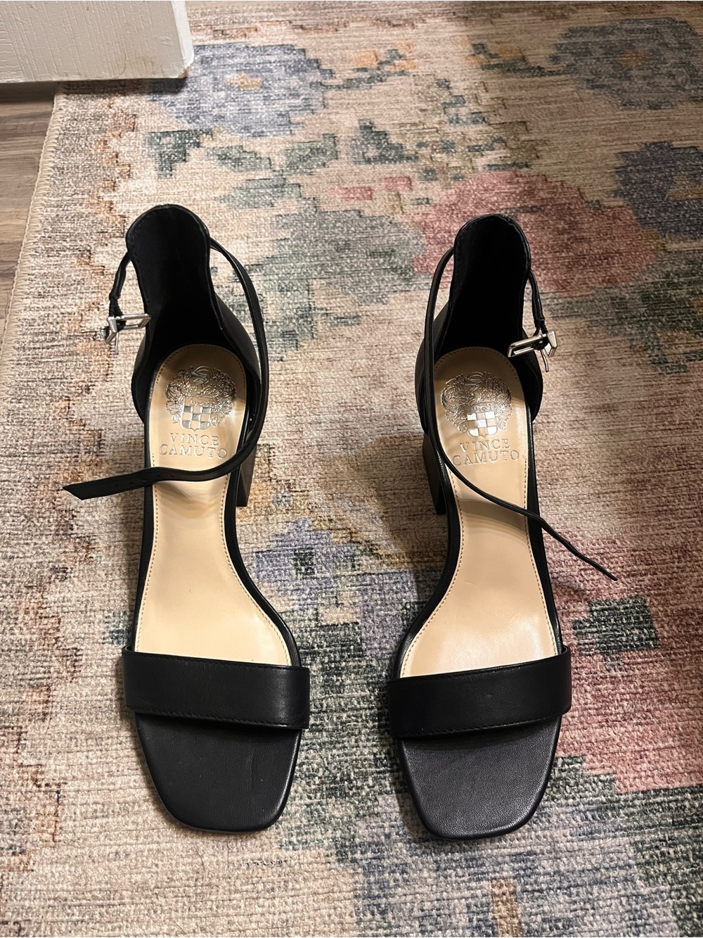 Vince Camuto Black Leather Block Heel Sandals